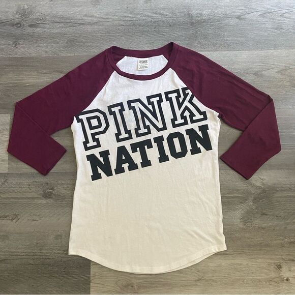 Victoria’s Secret PINK Nation Baseball Tee Oversized XS Maroon White - Picture 2 of 12
